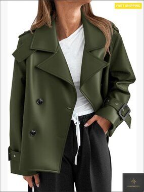 Oversized Faux Leather Motorcycle Jacket Button Down Trench Coat Fall Outerwear